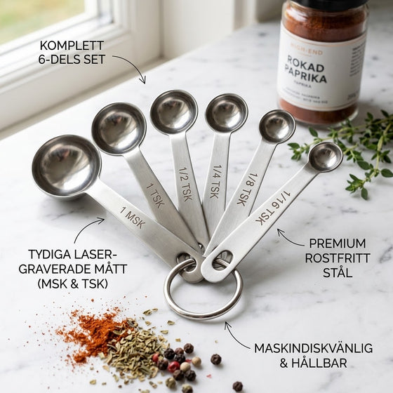 Set med 6 Rostfria Måttskedar – Exakt Mått för Perfekt Matlagning och Bakning